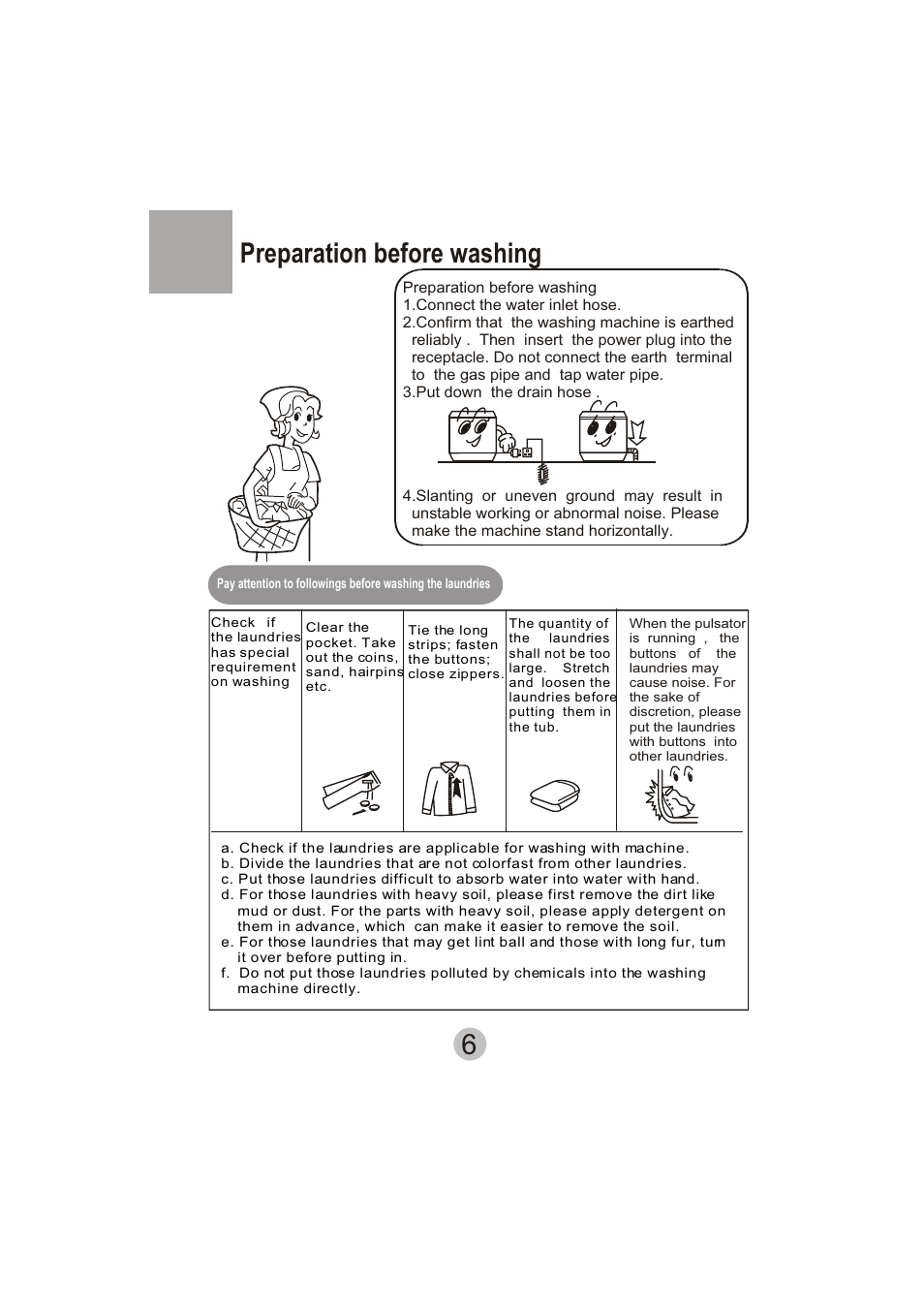 Preparation before washing | haier HWM130-113S User Manual | Page 8 / 18