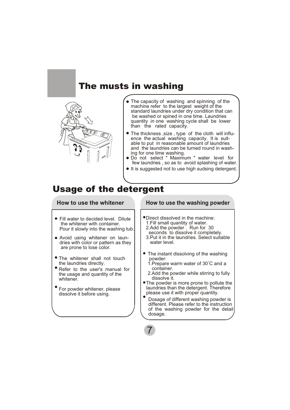 The musts in washing, Usage of the detergent | haier HWM130-113S User Manual | Page 9 / 18