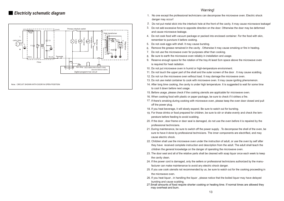 F2-13, Electricity schematic diagram, Warning | haier HMW40AEB User Manual | Page 2 / 8