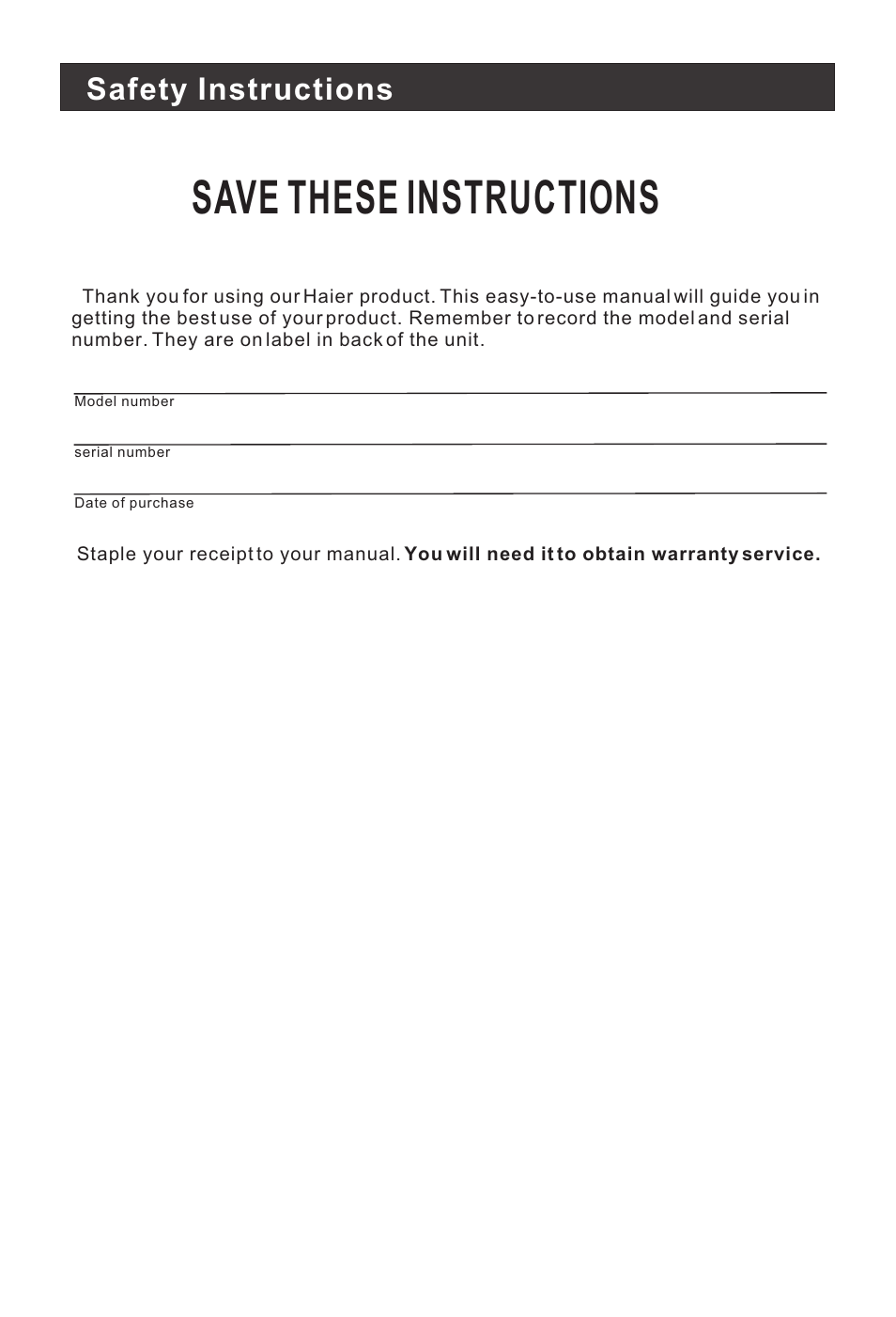 Save these instructions, Safety instructions | haier HL15B User Manual | Page 4 / 33