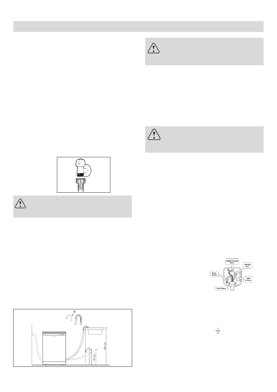 Installation, Cold water connection, Positioning the appliance | Levelling the appliance, Drain hose connection, Electrical connection, Anti-flooding protection (for some models), Electrical connection (uk only), Caution | haier DW12-PFE1ME User Manual | Page 4 / 12