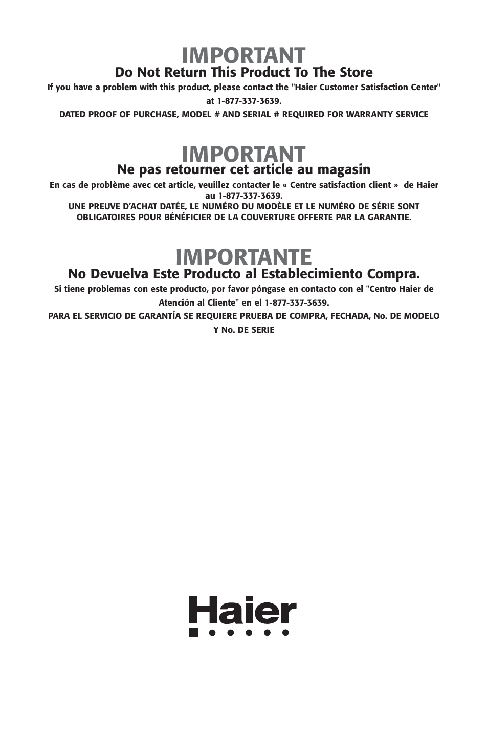 Important, Importante, Do not return this product to the store | Ne pas retourner cet article au magasin | haier MWG9077ESS User Manual | Page 20 / 20