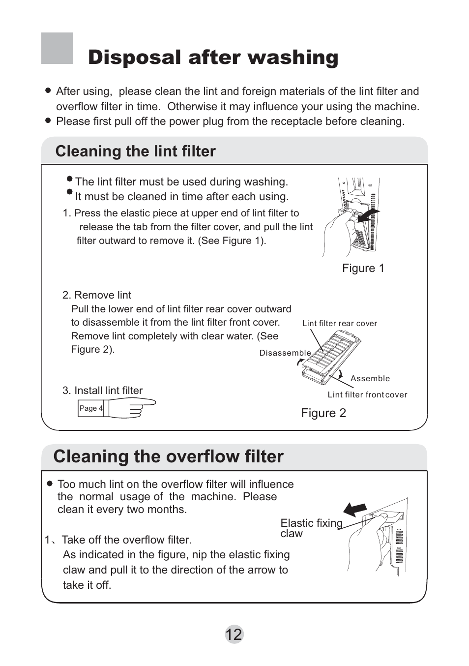 Disposal after washing, Cleaning the overflow filter, Cleaning the lint filter | haier HWM130-0523S User Manual | Page 14 / 19