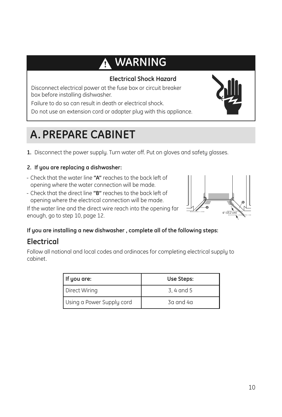 Warning, A. prepare cabinet, Electrical | haier DWL3025 User Manual | Page 11 / 28