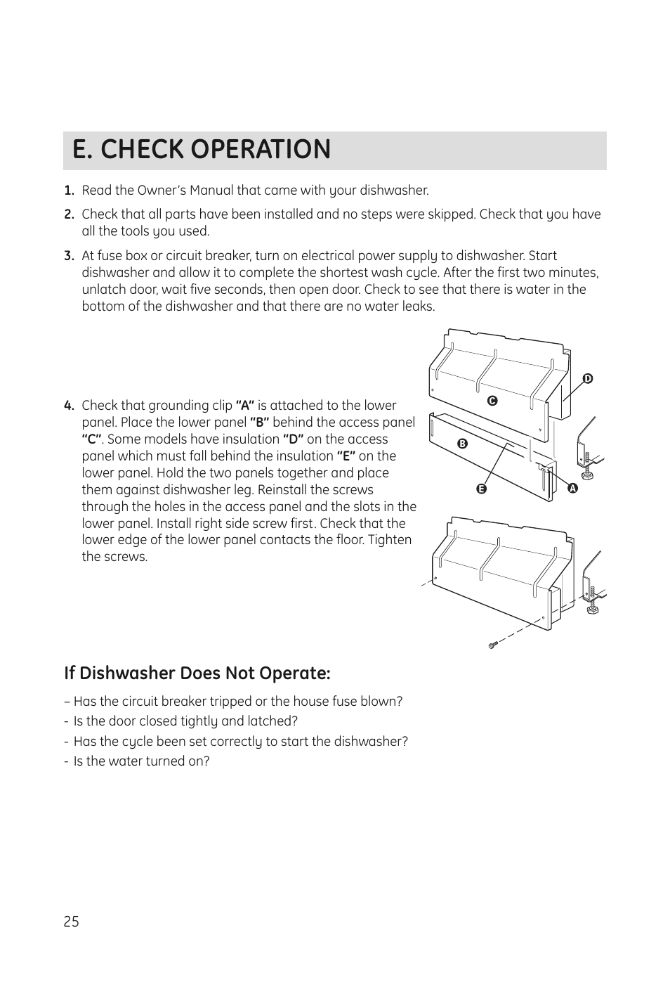 E. check operation, If dishwasher does not operate | haier DWL3025 User Manual | Page 26 / 28