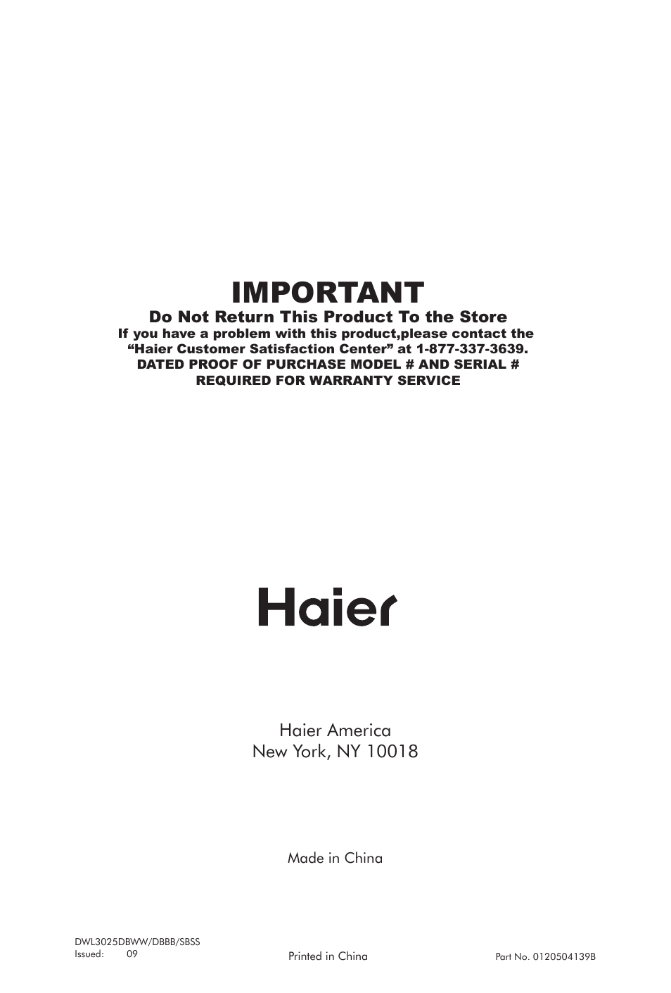 Important | haier DWL3025 User Manual | Page 28 / 28