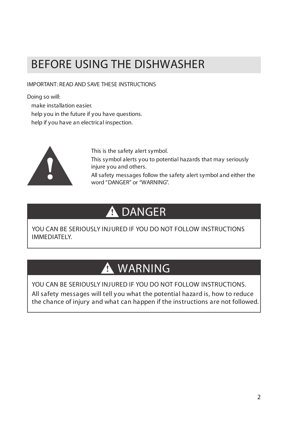 Before using the dishwasher, Danger warning | haier DWL3025 User Manual | Page 3 / 28