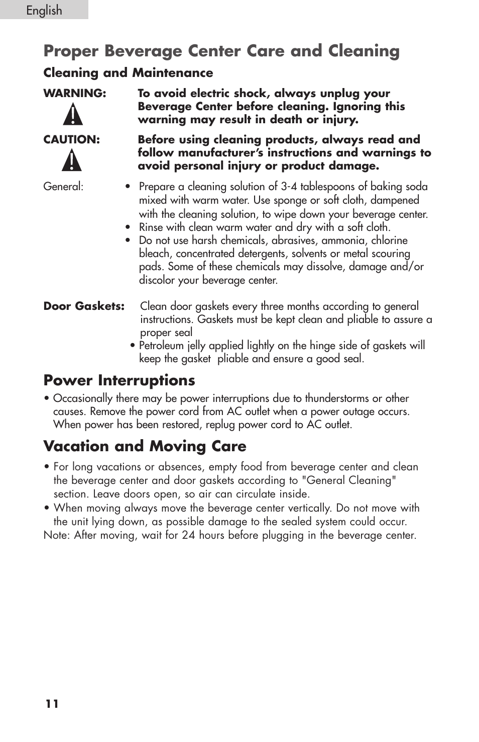 Proper beverage center care and cleaning, Power interruptions, Vacation and moving care | haier BC100GS User Manual | Page 12 / 44