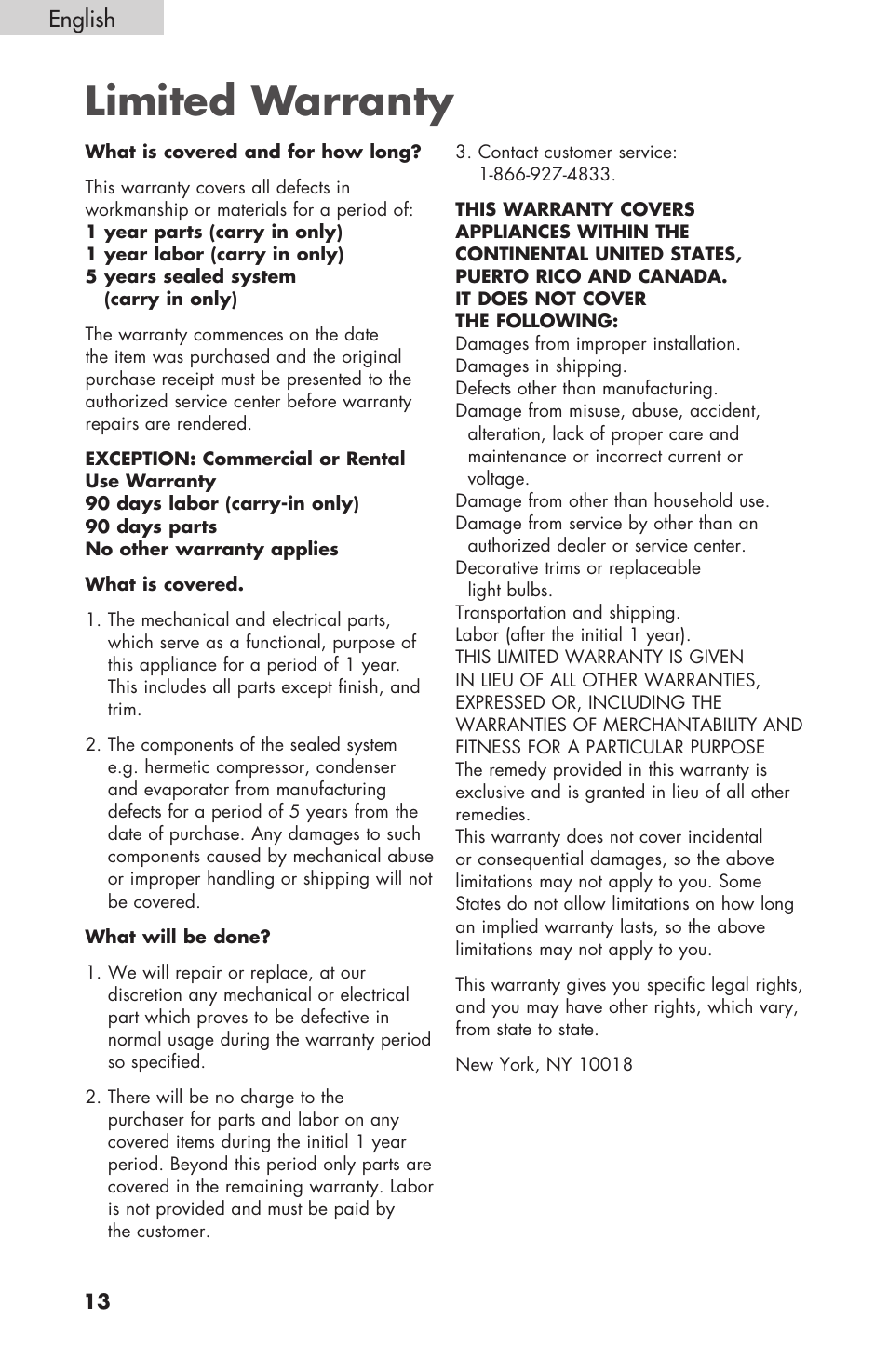 Limited warranty, English | haier BC100GS User Manual | Page 14 / 44