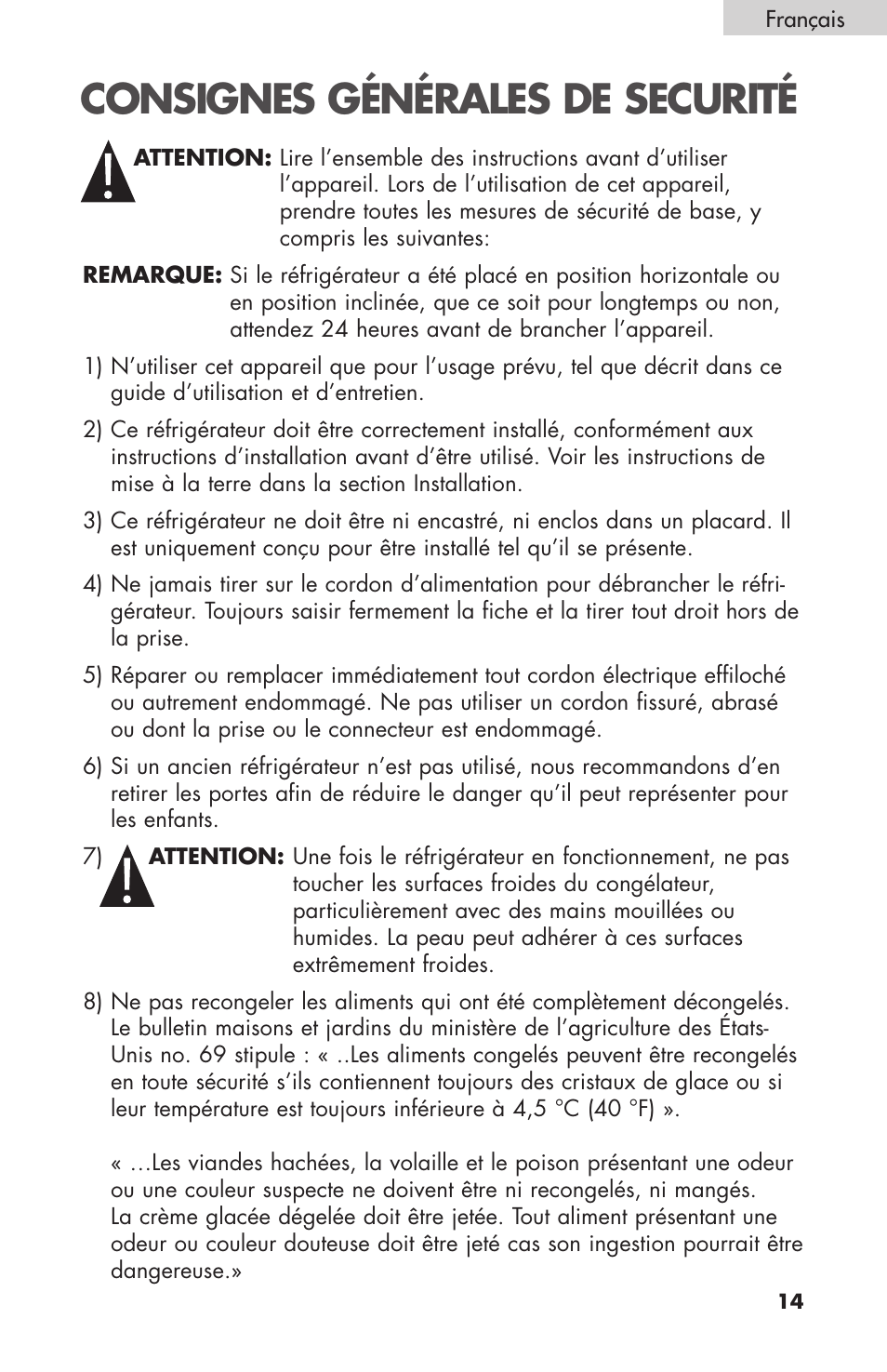 Consignes générales de securité | haier BC100GS User Manual | Page 15 / 44