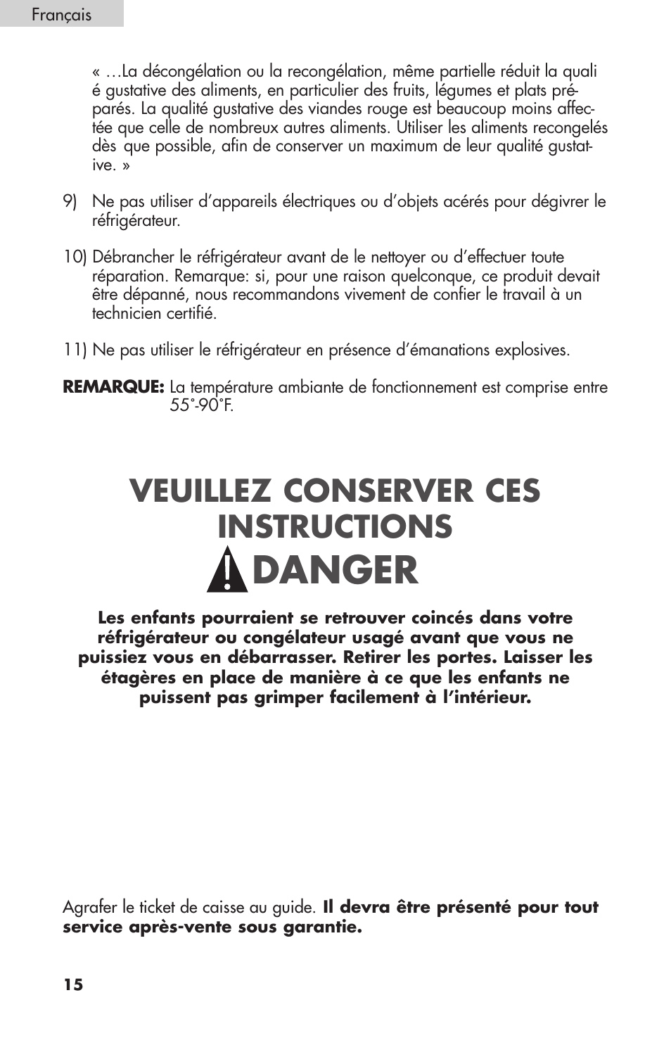 Danger, Veuillez conserver ces instructions | haier BC100GS User Manual | Page 16 / 44