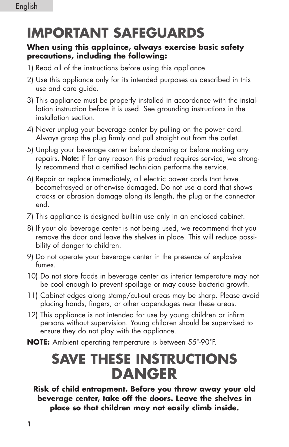 Danger, Important safeguards, Save these instructions | haier BC100GS User Manual | Page 2 / 44