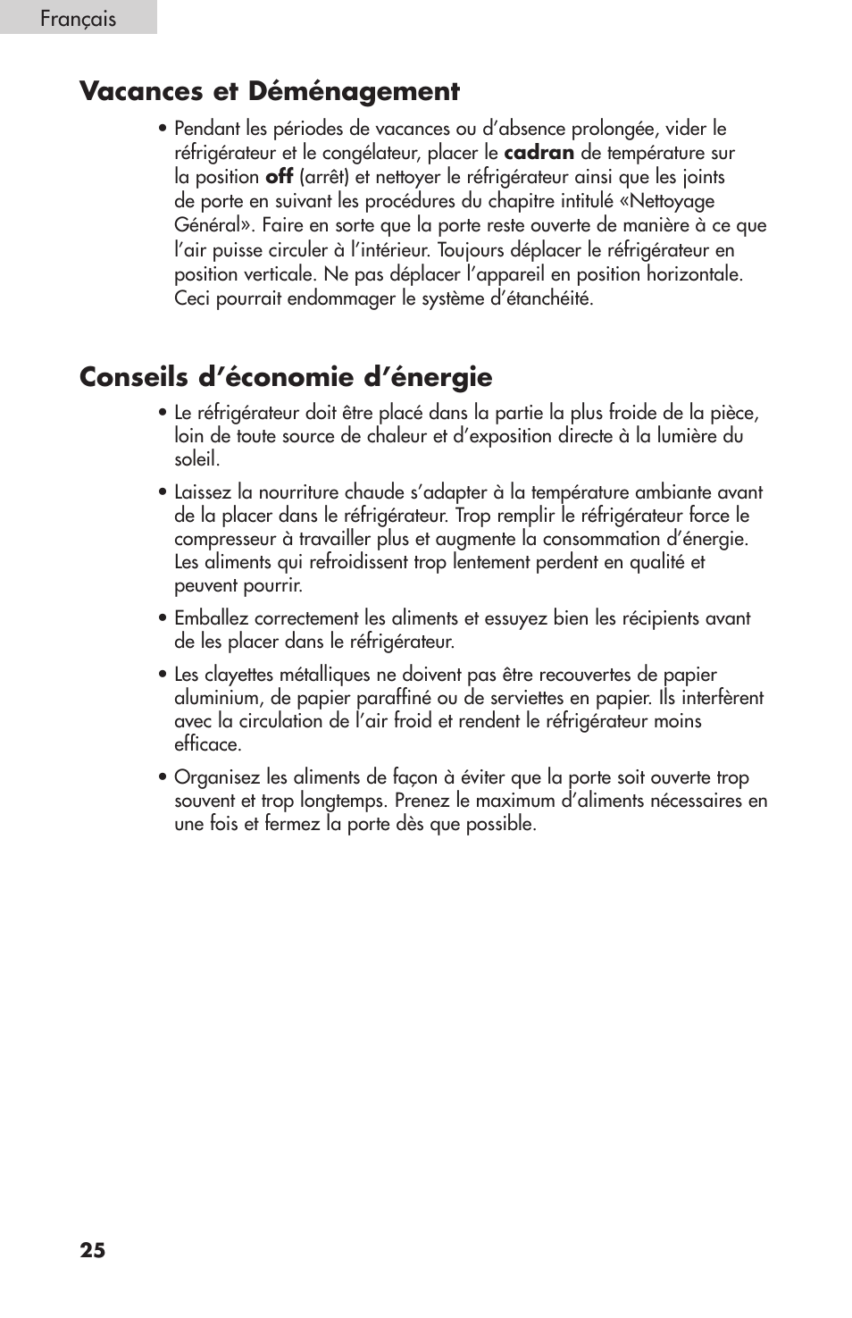 Vacances et déménagement, Conseils d’économie d’énergie | haier BC100GS User Manual | Page 26 / 44