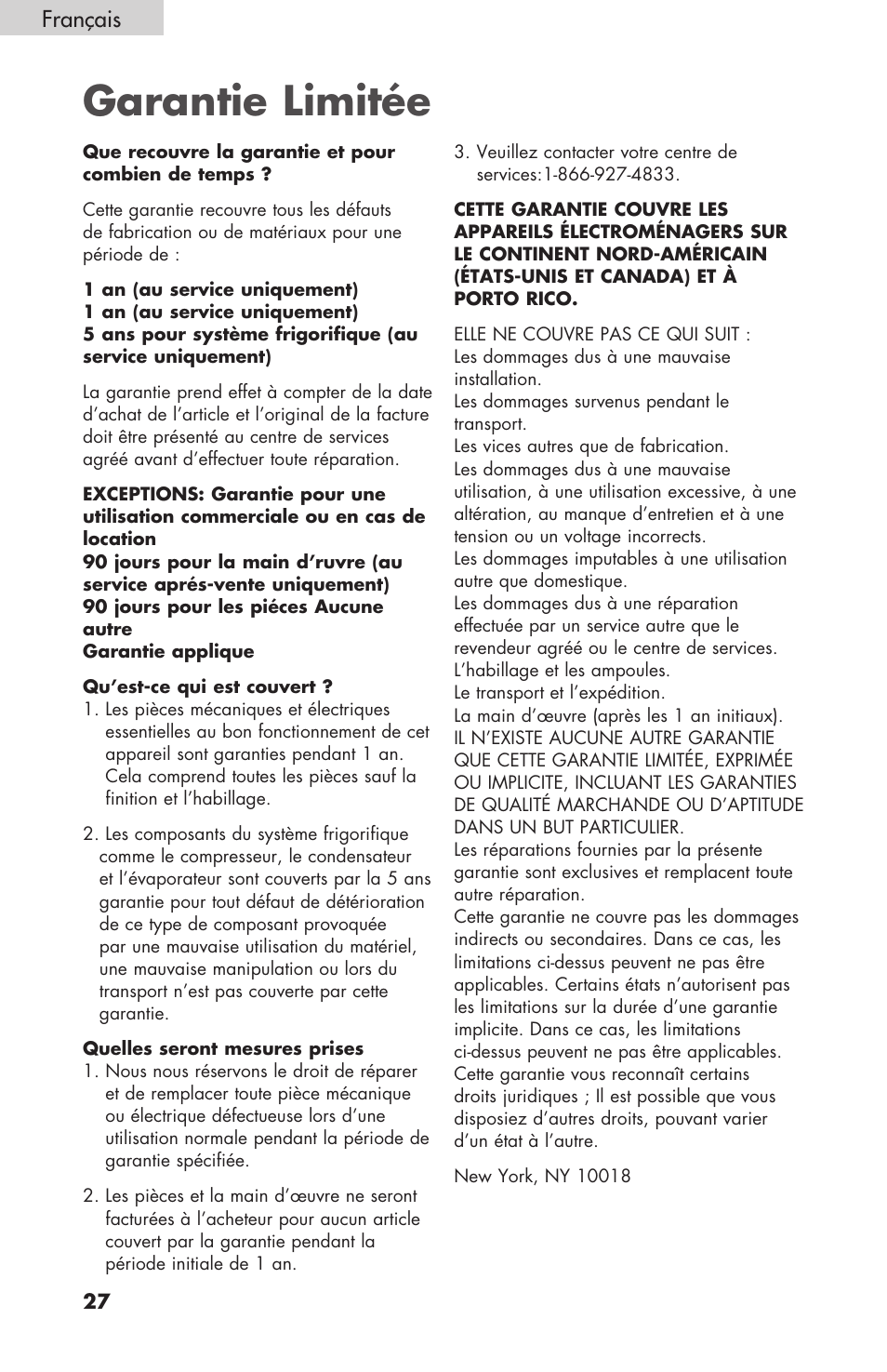 Garantie limitée, Français | haier BC100GS User Manual | Page 28 / 44