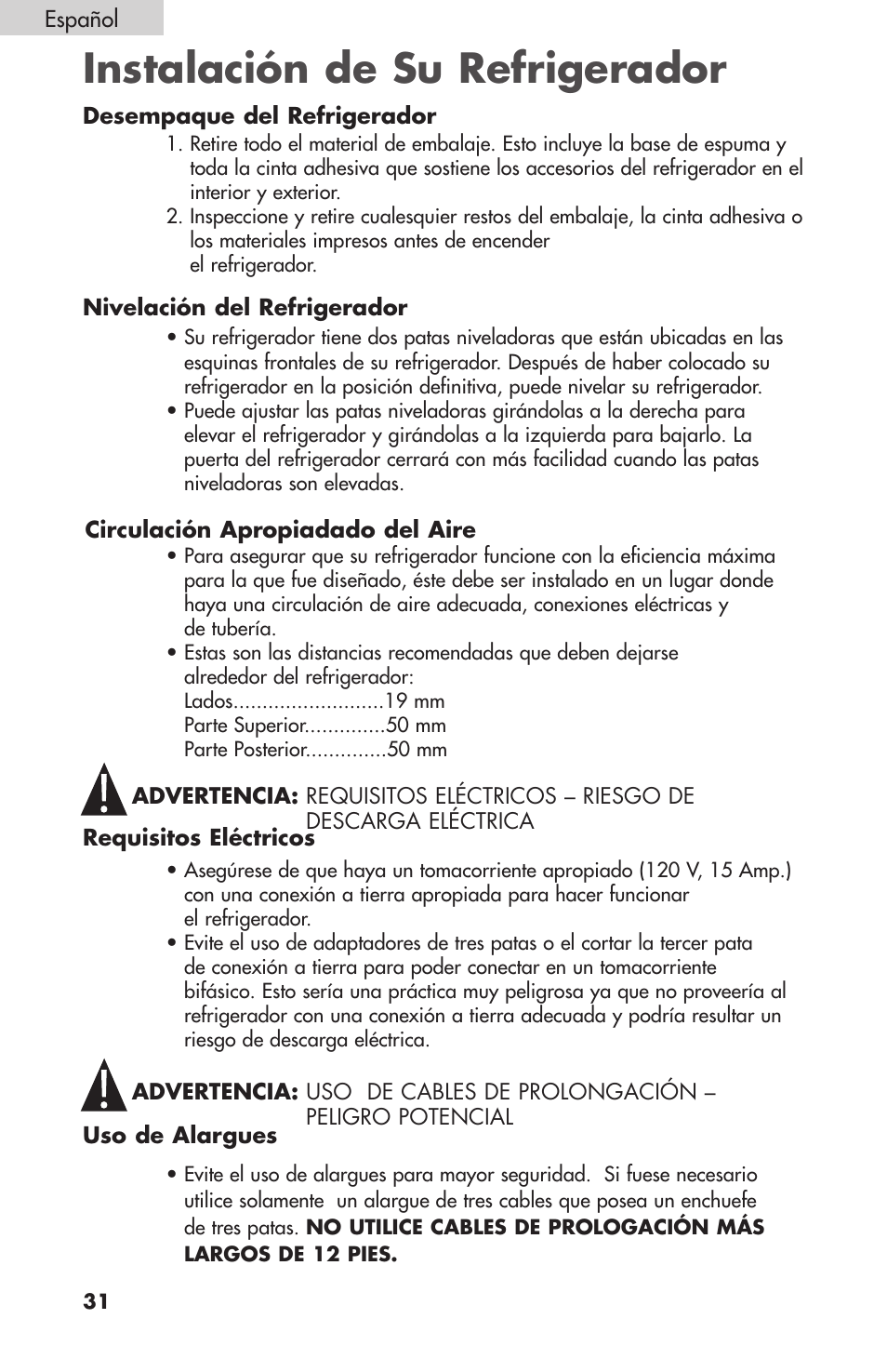 Instalación de su refrigerador | haier BC100GS User Manual | Page 32 / 44