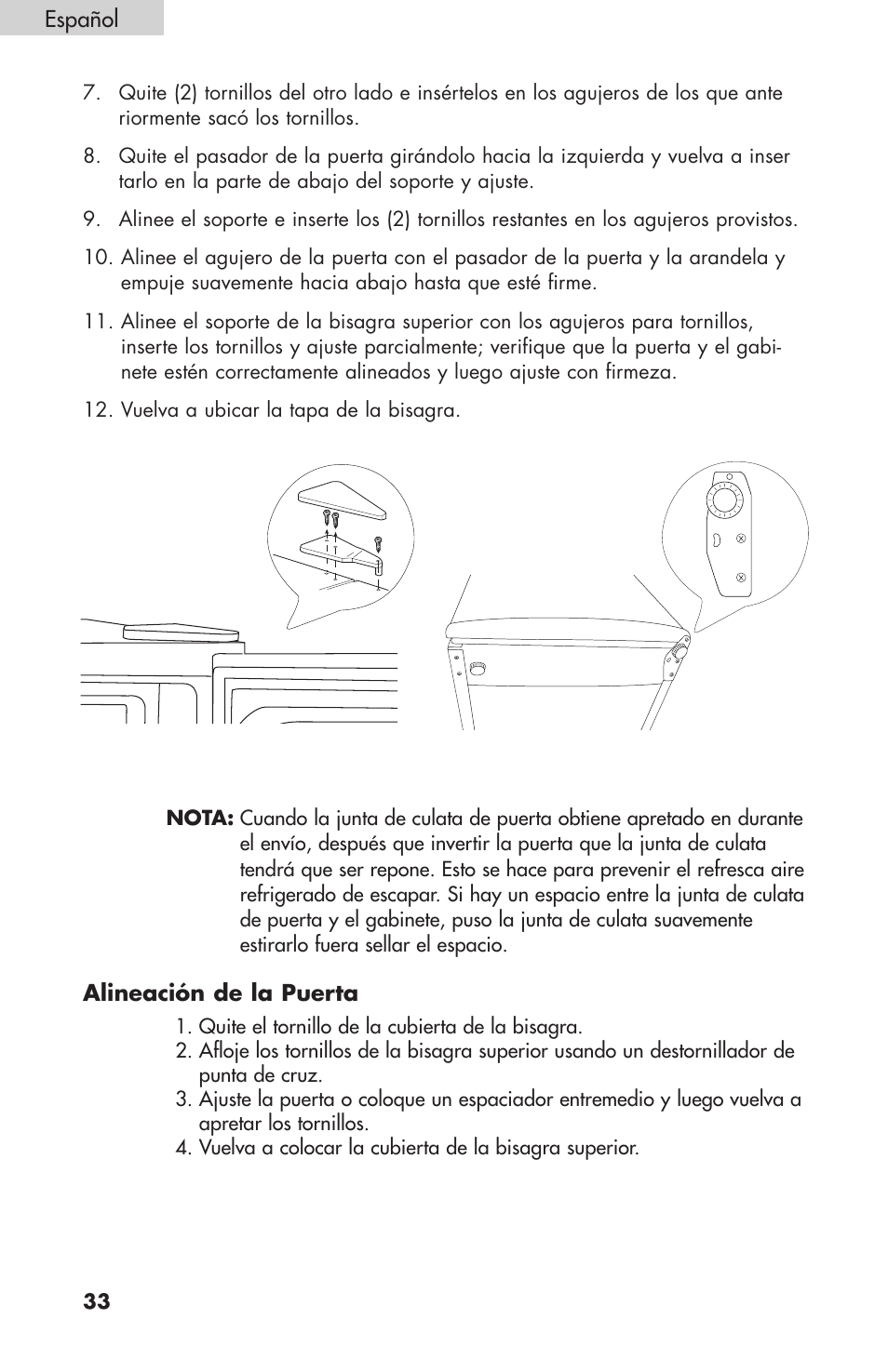 Español, Alineación de la puerta | haier BC100GS User Manual | Page 34 / 44