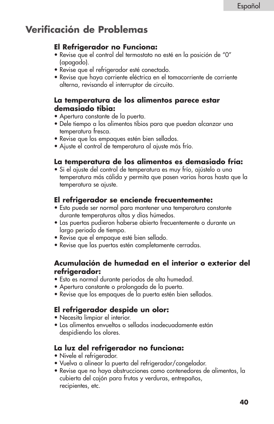 Verificación de problemas | haier BC100GS User Manual | Page 41 / 44
