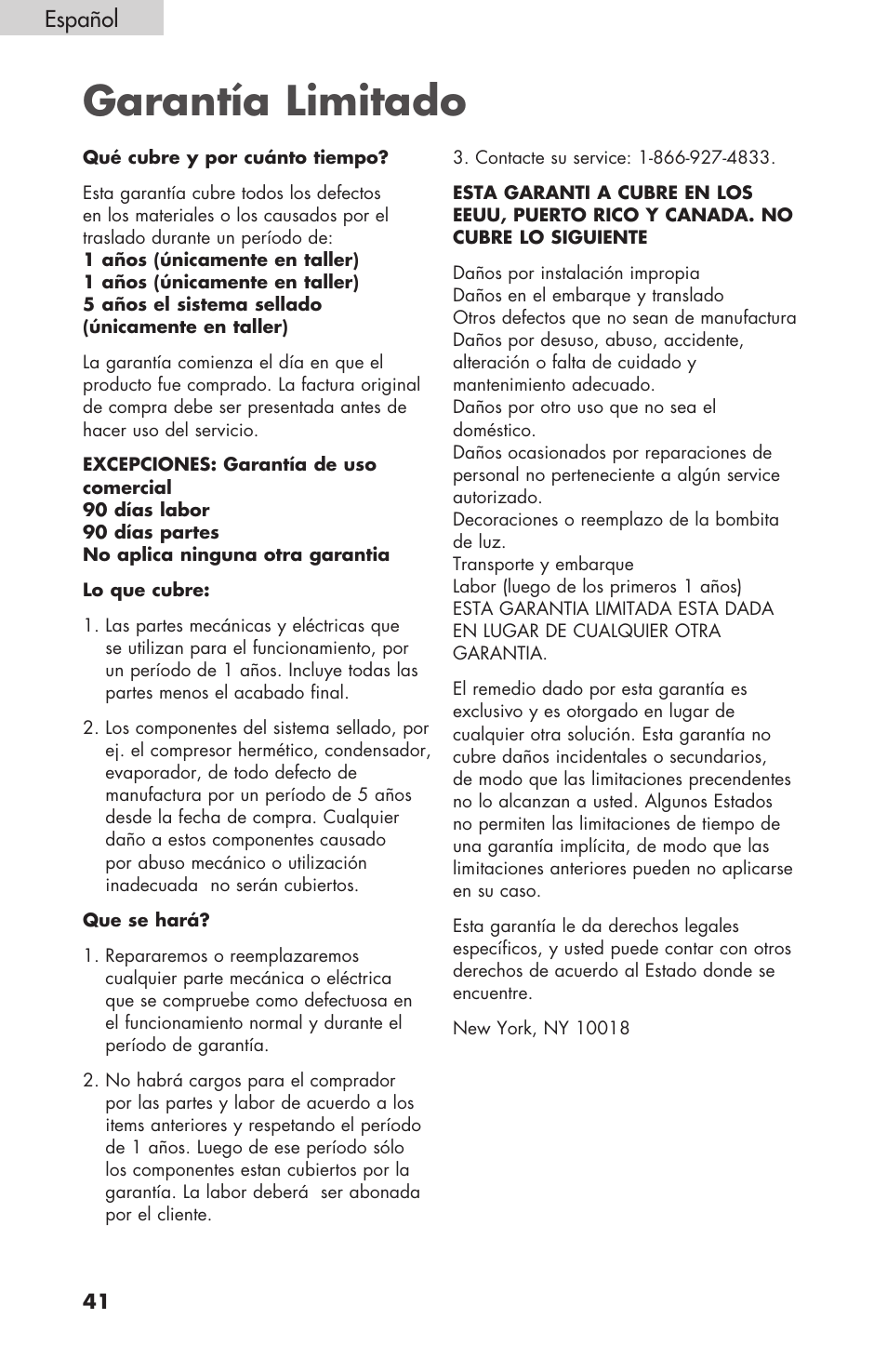 Garantía limitado, Español | haier BC100GS User Manual | Page 42 / 44