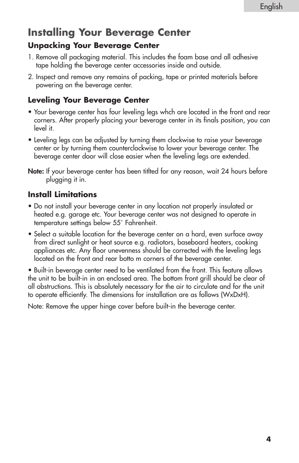 Installing your beverage center | haier BC100GS User Manual | Page 5 / 44