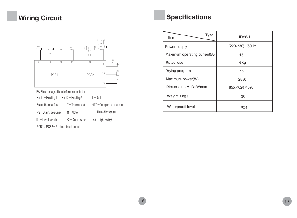 Specifications, Wiring circuit | haier HDY6-1 User Manual | Page 9 / 10