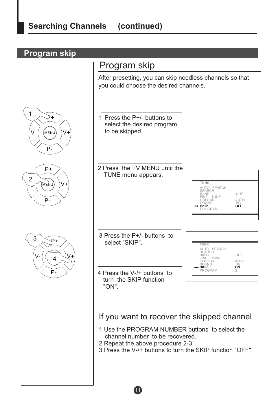 Program skip, If you want to recover the skipped channel, Searching channels (continued) | haier DTA-2198 User Manual | Page 12 / 64