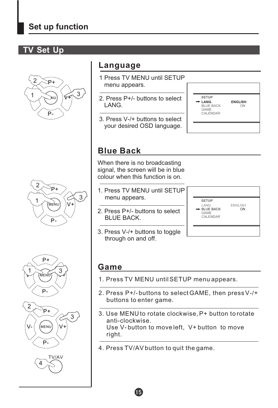 Set up function tv set up, Language game, Blue back | haier DTA-2198 User Manual | Page 16 / 64