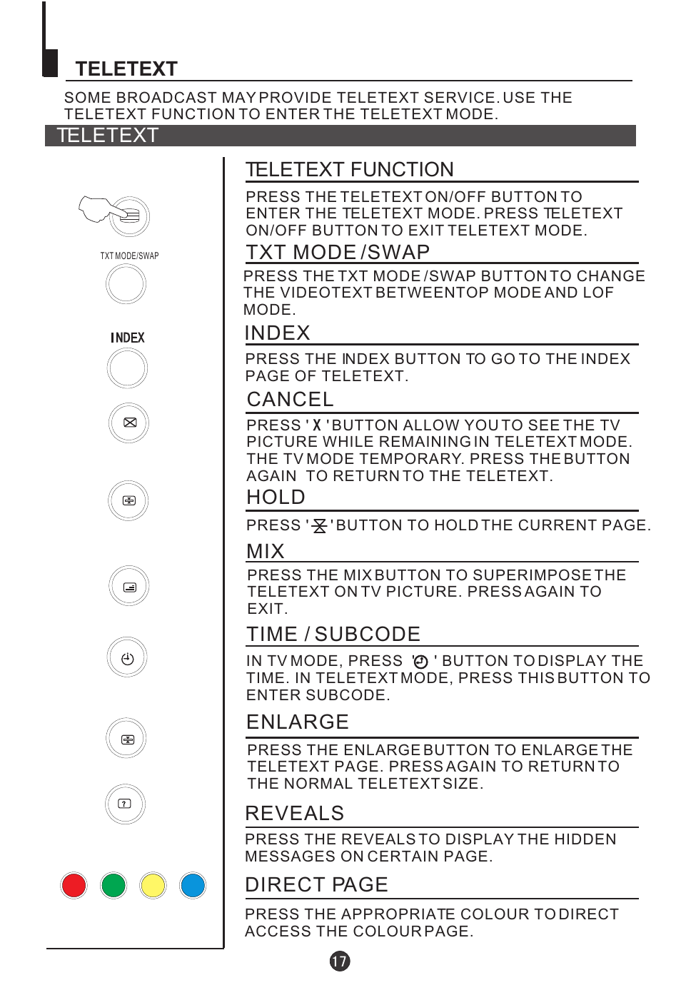 Teletext, Teletext function, Index | Cancel, Hold, Mix time / subcode, Enlarge, Reveals, Direct page, Txt mode /swap | haier DTA-2198 User Manual | Page 18 / 64