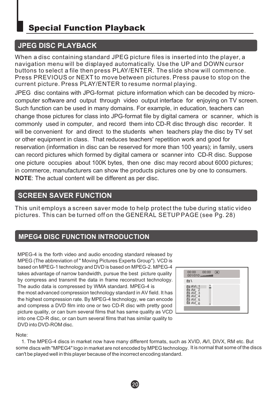 Special function playback, Jpeg disc playback screen saver function, Mpeg4 disc function introduction | haier DTA-2198 User Manual | Page 21 / 64