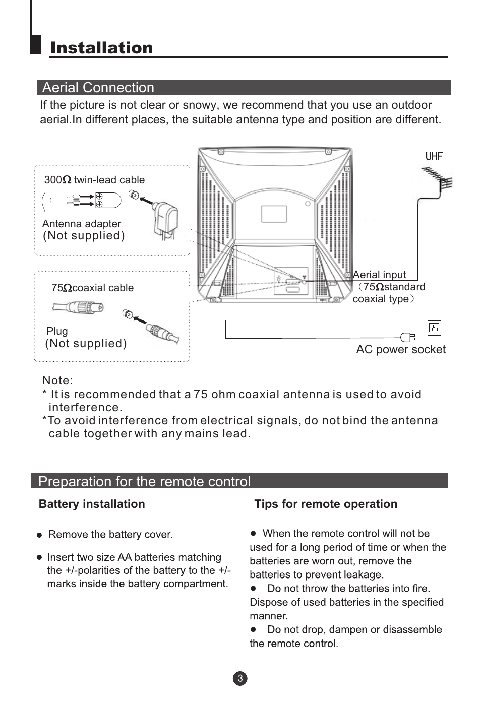 Installation, Aerial connection, Preparation for the remote control | haier DTA-2198 User Manual | Page 4 / 64