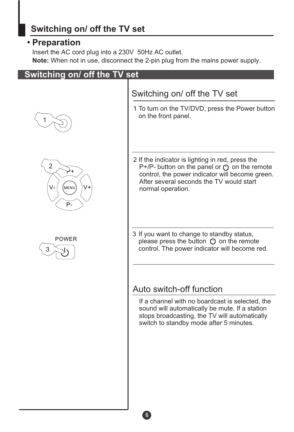 Switching on/ off the tv set preparation, Switching on/ off the tv set, Auto switch-off function | haier DTA-2198 User Manual | Page 7 / 64