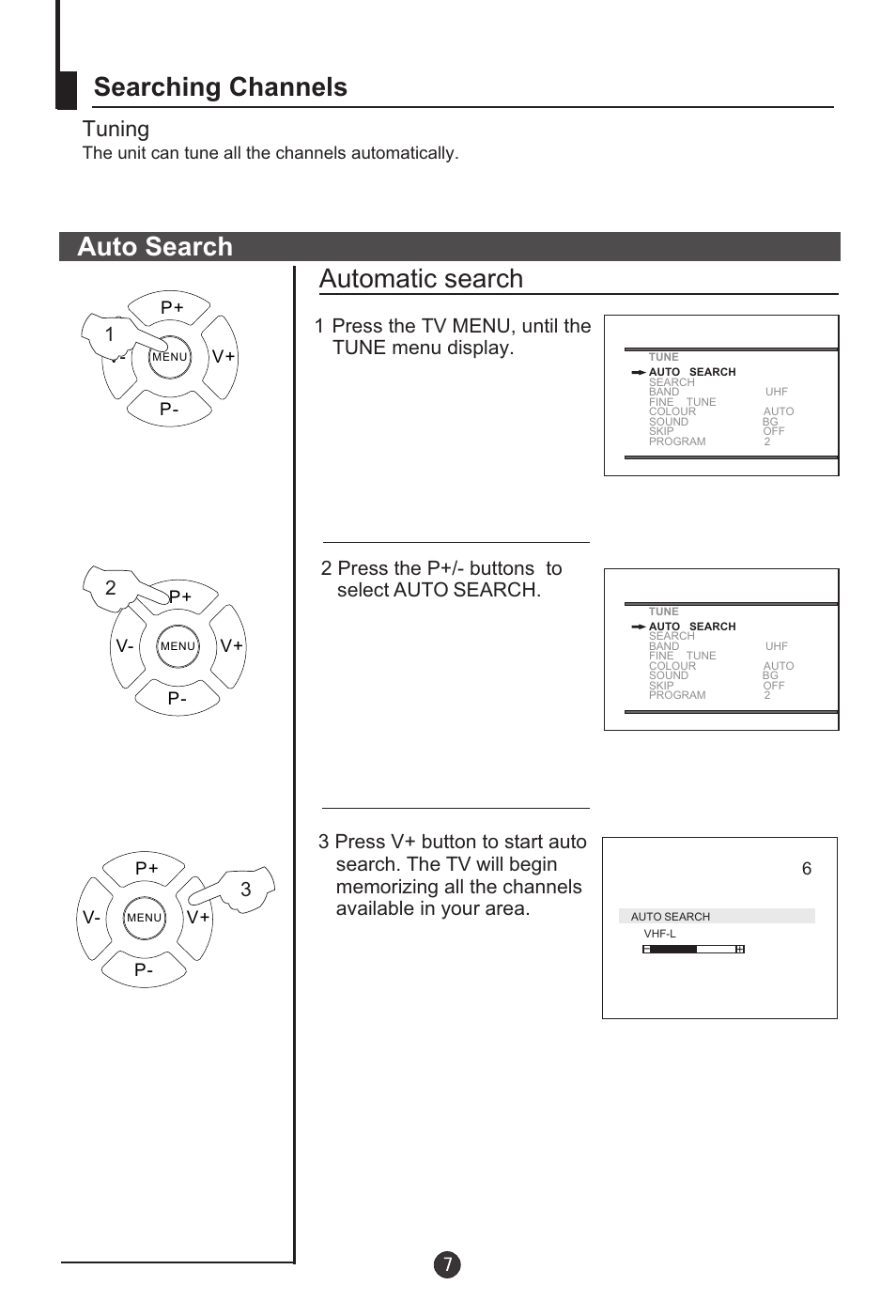 Searching channels, Auto search automatic search, Tuning | haier DTA-2198 User Manual | Page 8 / 64