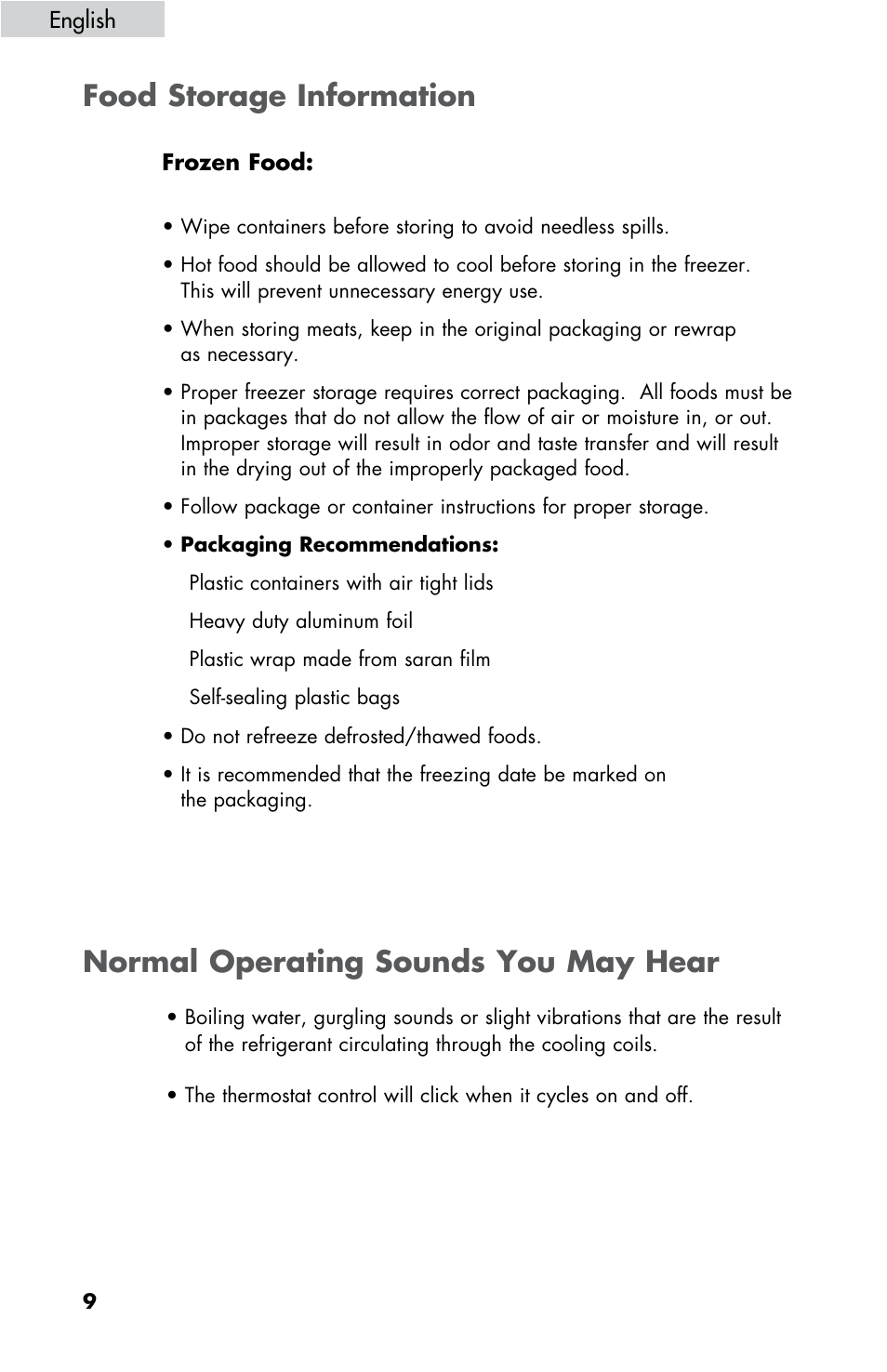 Food storage information, Normal operating sounds you may hear | haier LW145AW User Manual | Page 10 / 44