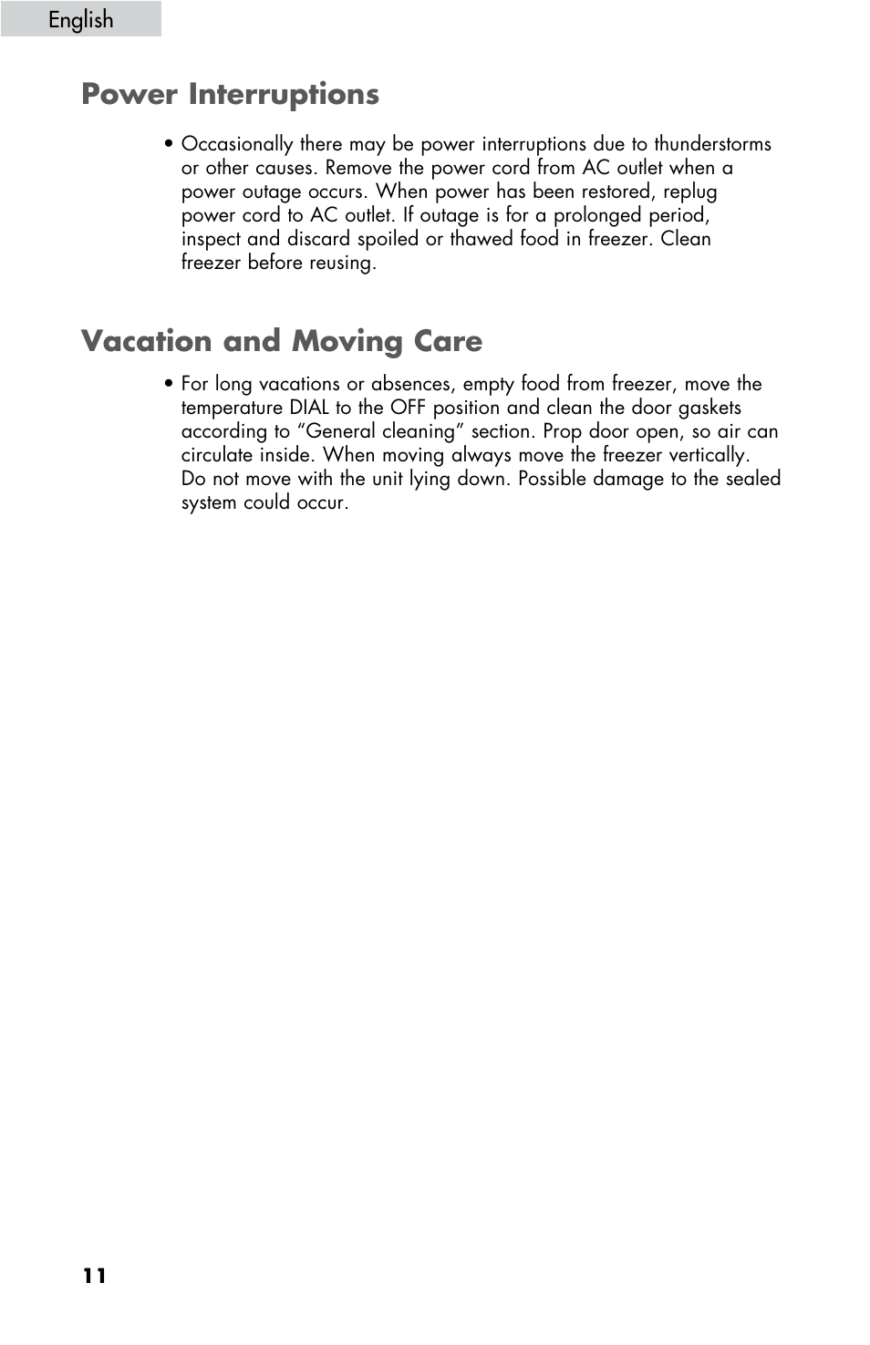 Power interruptions vacation and moving care | haier LW145AW User Manual | Page 12 / 44