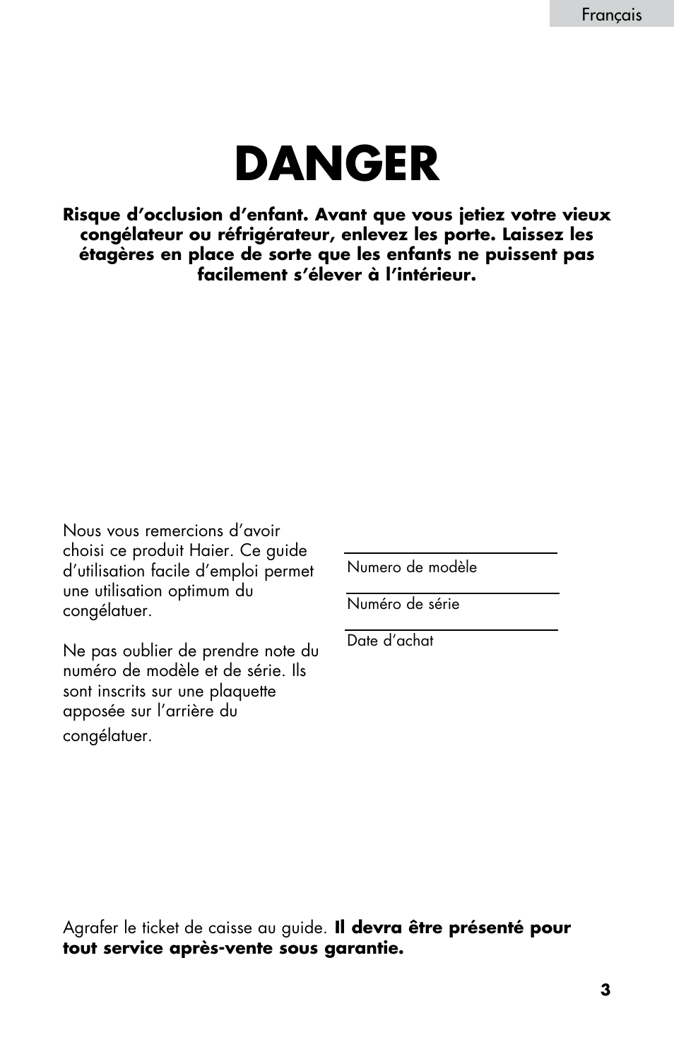 Danger | haier LW145AW User Manual | Page 17 / 44