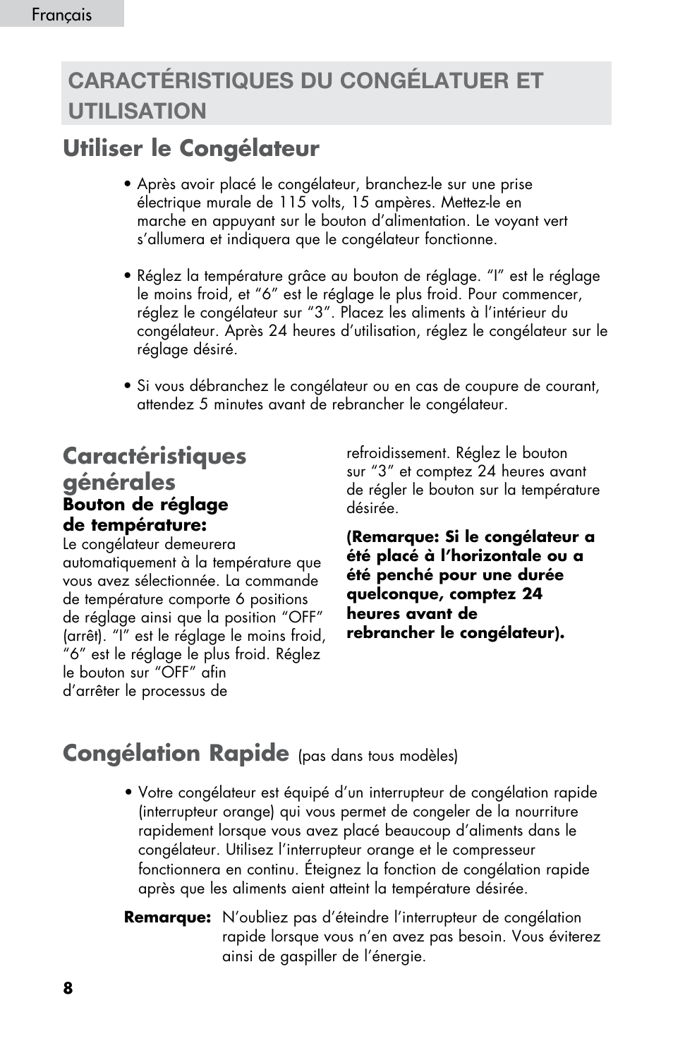 Caractéristiques générales, Utiliser le congélateur, Congélation rapide | Caractéristiques du congélatuer et utilisation | haier LW145AW User Manual | Page 22 / 44