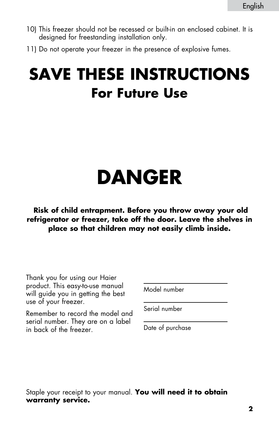 Danger, Save these instructions, For future use | haier LW145AW User Manual | Page 3 / 44