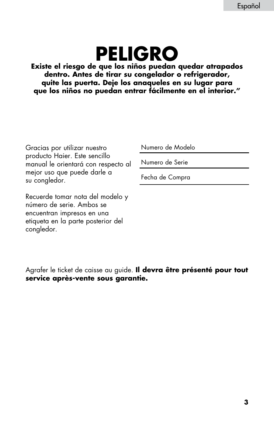 Peligro | haier LW145AW User Manual | Page 31 / 44