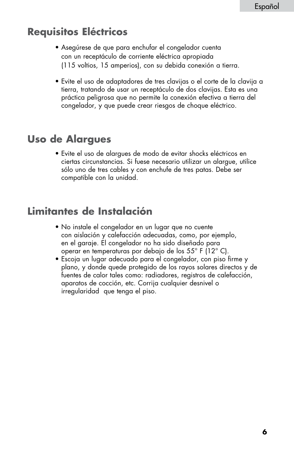 Requisitos eléctricos, Limitantes de instalación uso de alargues | haier LW145AW User Manual | Page 35 / 44