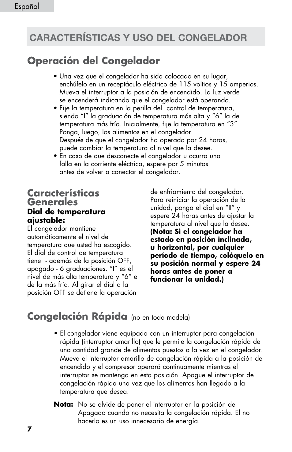 Características generales, Operación del congelador, Congelación rápida | Características y uso del congelador | haier LW145AW User Manual | Page 36 / 44