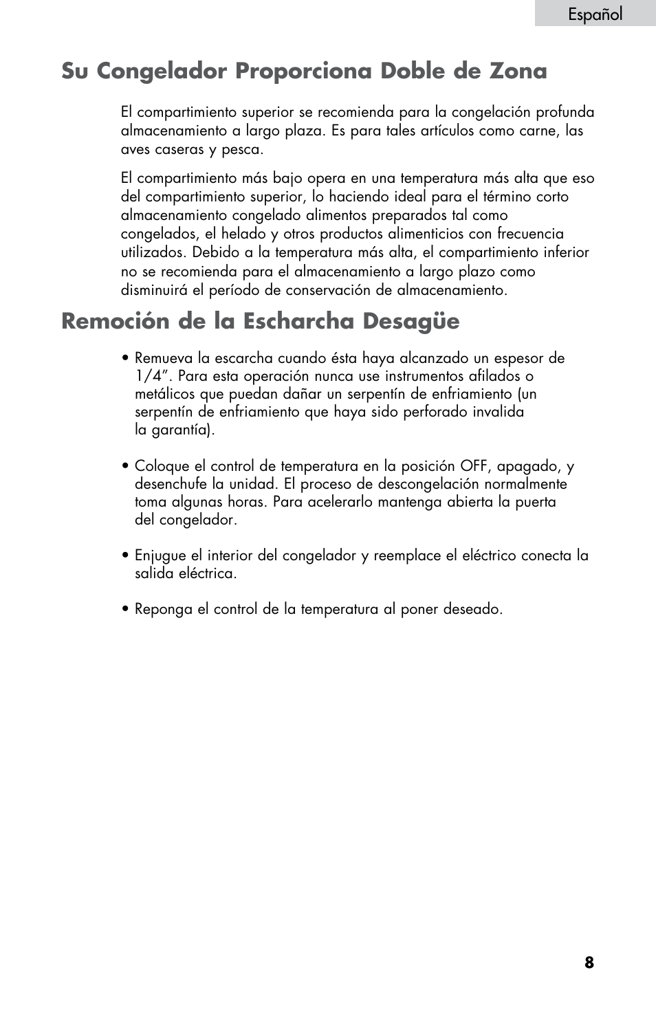 Remoción de la escharcha desagüe, Su congelador proporciona doble de zona | haier LW145AW User Manual | Page 37 / 44