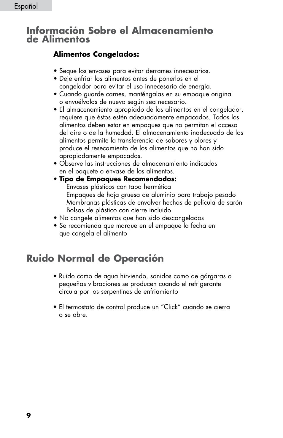 Información sobre el almacenamiento de alimentos, Ruido normal de operación | haier LW145AW User Manual | Page 38 / 44