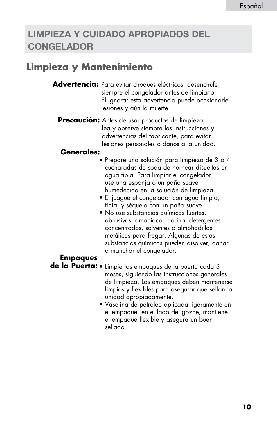 Limpieza y mantenimiento, Limpieza y cuidado apropiados del congelador | haier LW145AW User Manual | Page 39 / 44