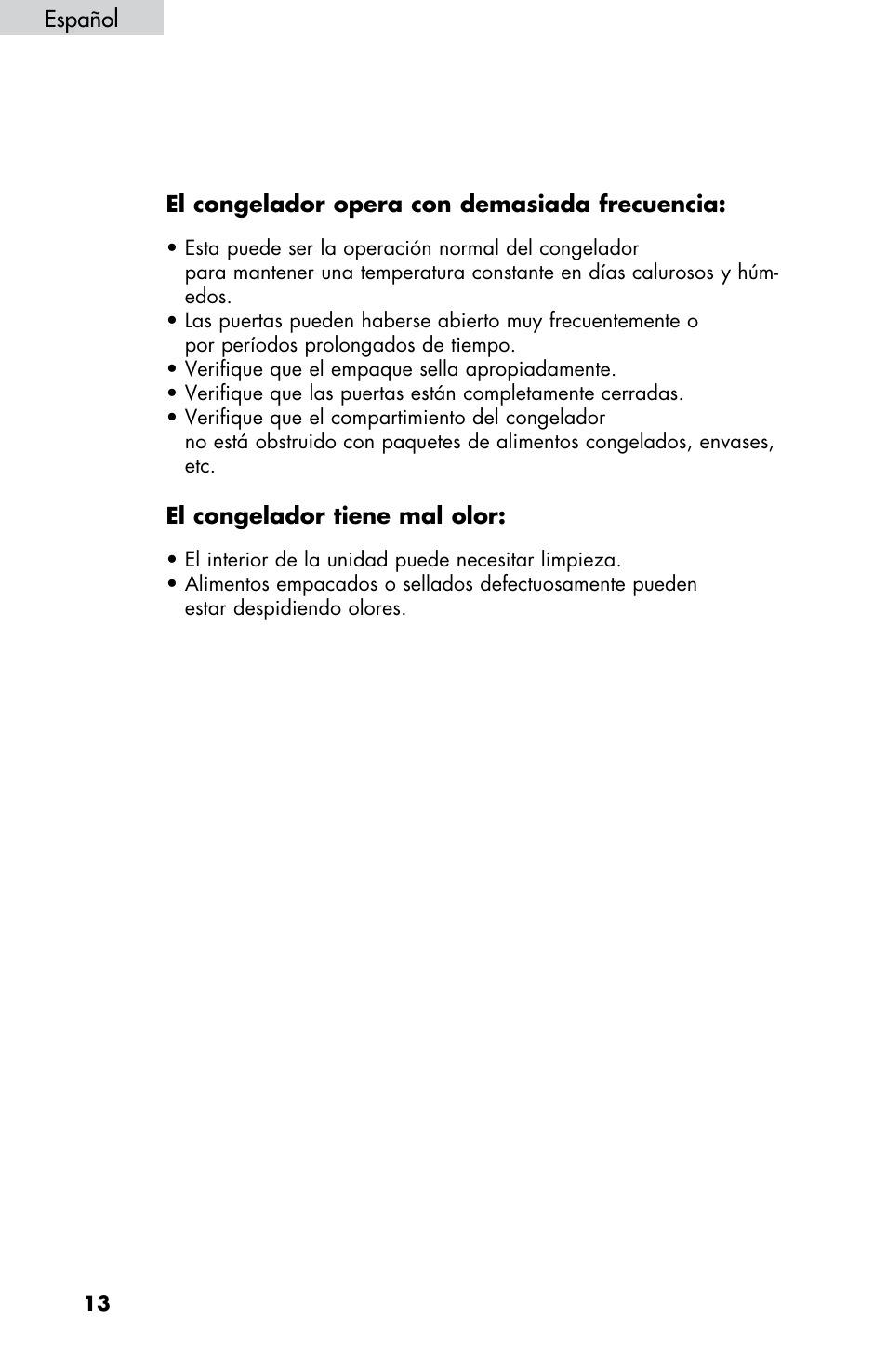 El congelador opera con demasiada frecuencia, El congelador tiene mal olor, Español | haier LW145AW User Manual | Page 42 / 44
