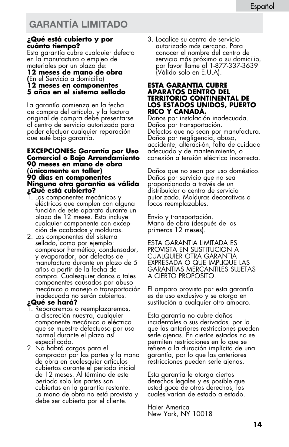 Garantía limitado | haier LW145AW User Manual | Page 43 / 44