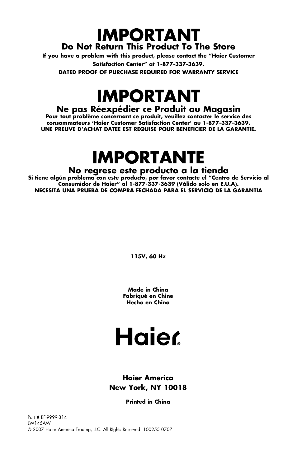 Important, Importante, Do not return this product to the store | Ne pas réexpédier ce produit au magasin, No regrese este producto a la tienda | haier LW145AW User Manual | Page 44 / 44
