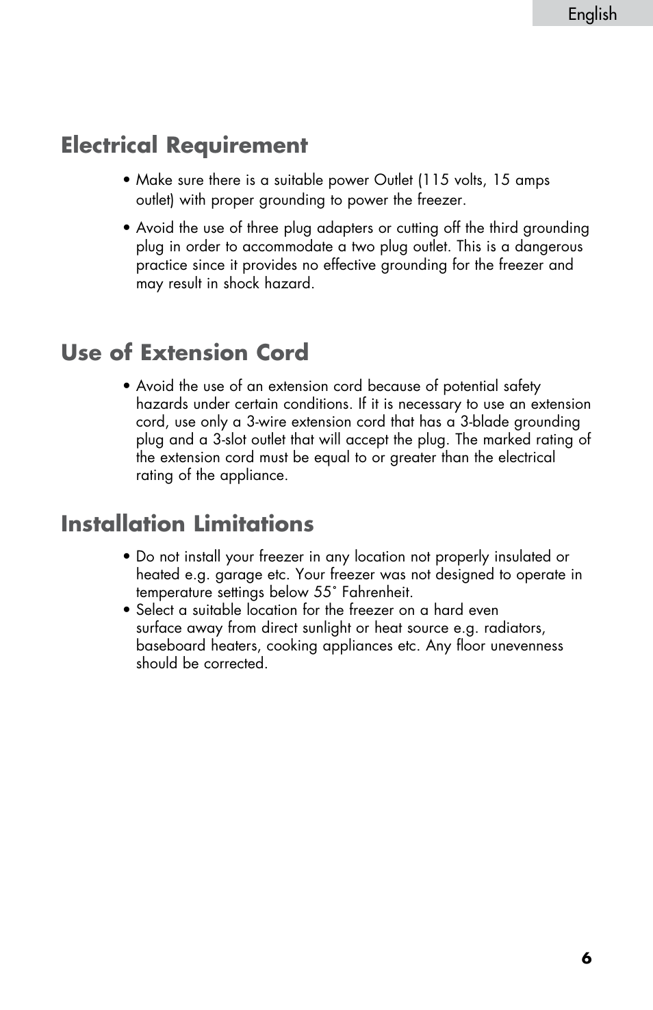 Electrical requirement, Installation limitations use of extension cord | haier LW145AW User Manual | Page 7 / 44