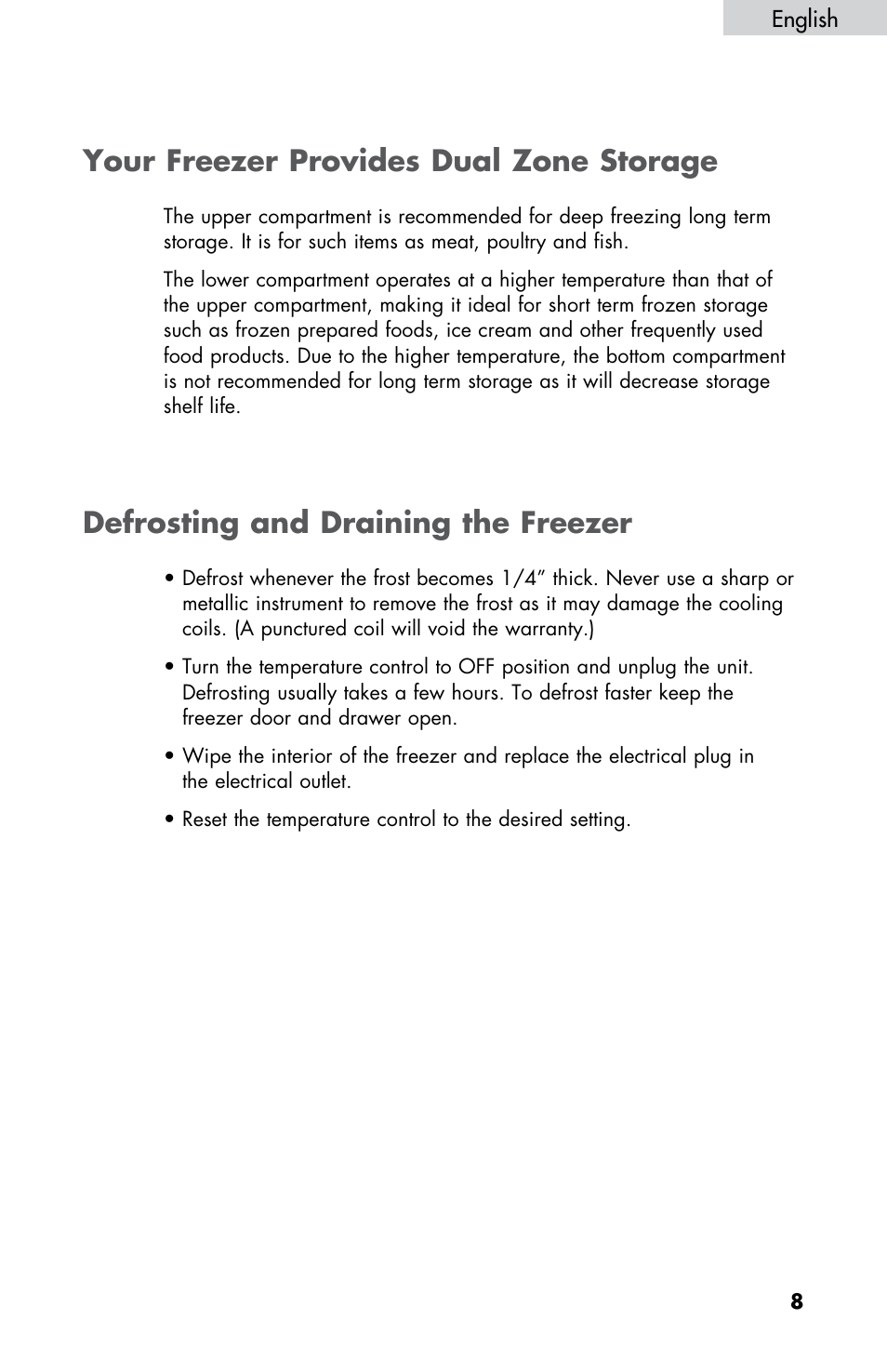 Defrosting and draining the freezer, Your freezer provides dual zone storage | haier LW145AW User Manual | Page 9 / 44