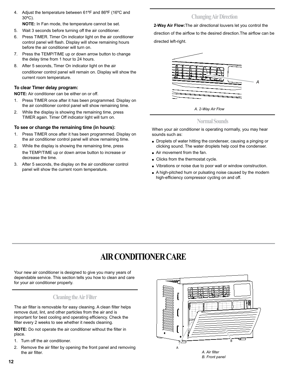 Air conditioner care, Normal sounds cleaning the air filter, Changing air direction | haier 0010518358 User Manual | Page 12 / 44