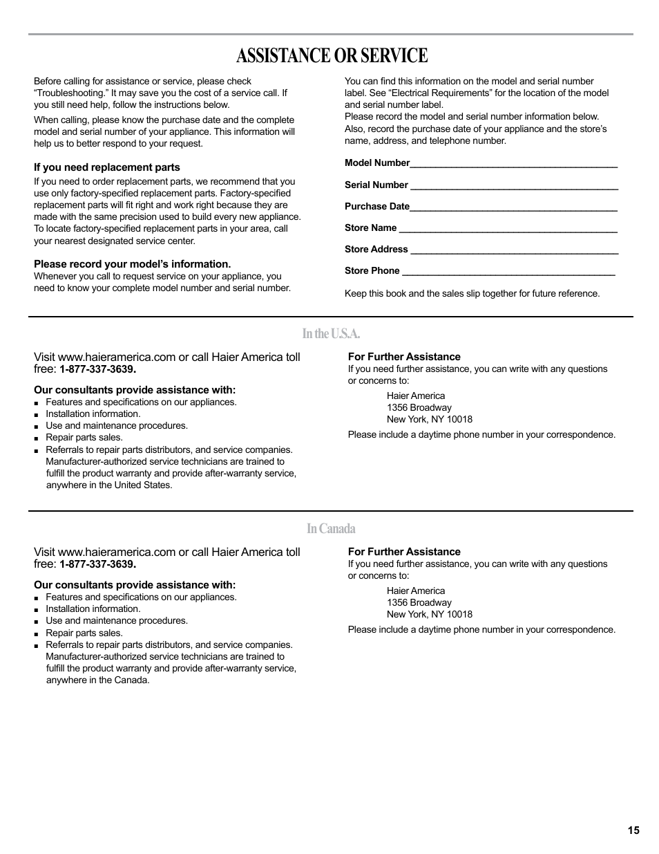 Assistance or service | haier 0010518358 User Manual | Page 15 / 44