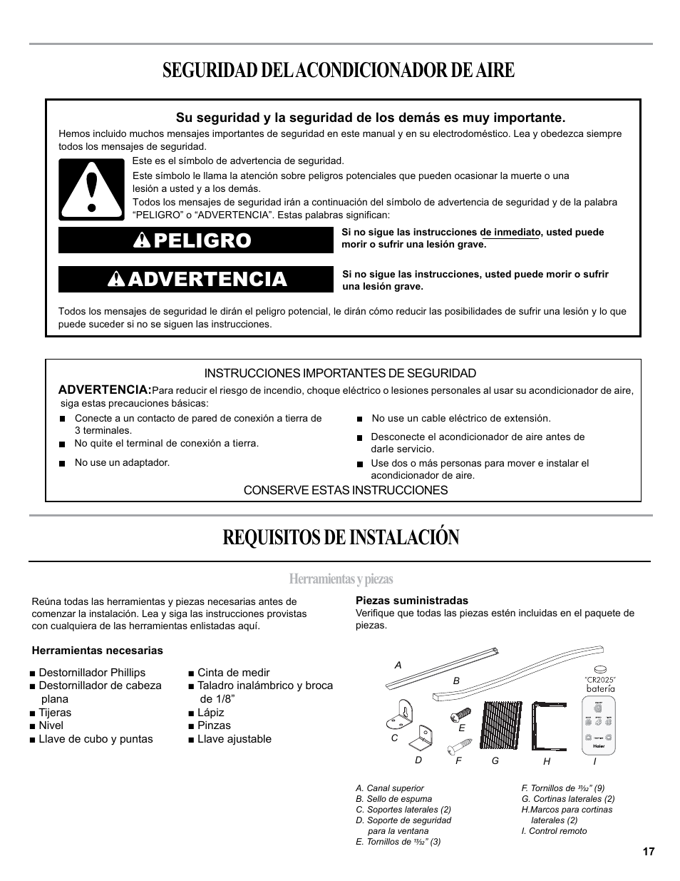 Peligro advertencia, Herramientas y piezas | haier 0010518358 User Manual | Page 17 / 44